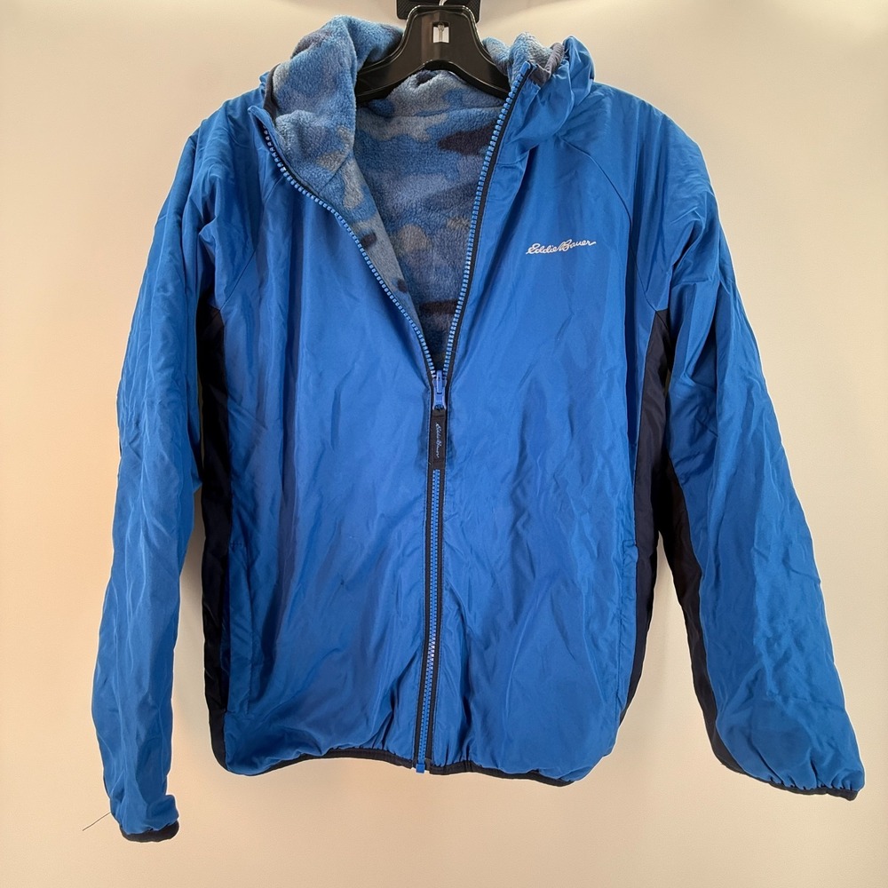 Eddie Bauer Jacket Hooded Boys Sz Medium (10/12) Blue Fleece Lined Winter